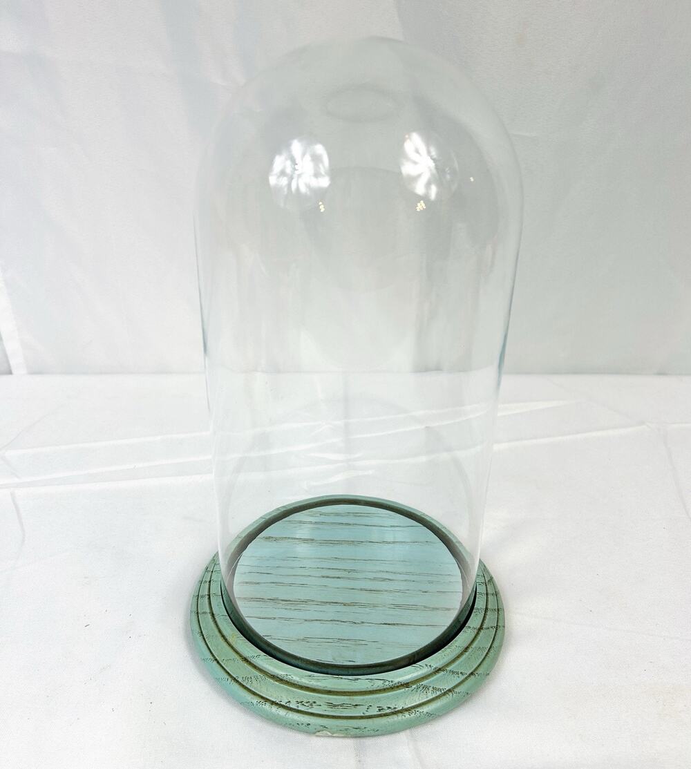Vtg Glass Dome Display Cloche Bell w/ Blue Wood Base 11 1/2” x 6" Gerard Co